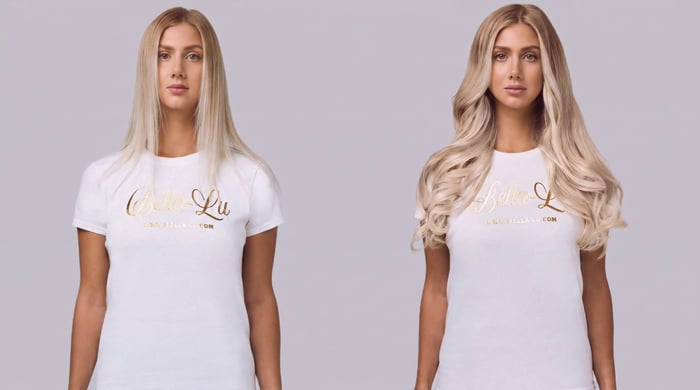 Bella-Lu Model wearing Bella-Lu Clip-Ins before and after