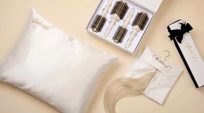 Bella-Lu hair extensions with brush set silk pillowcase and carrier bag.