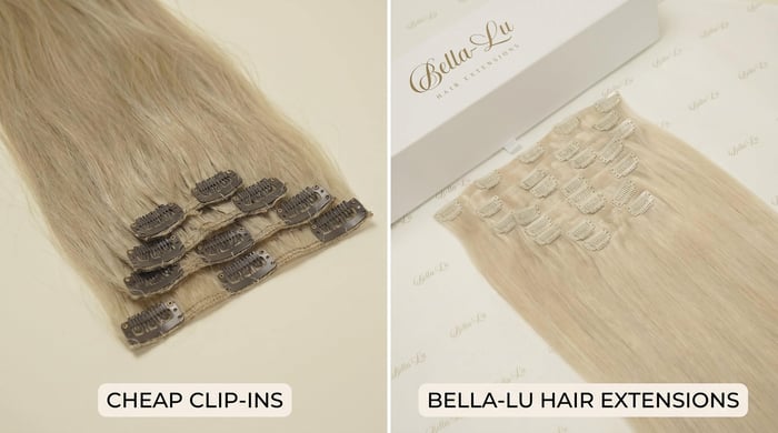Comparison of lower-quality clip-in extensions and premium Bella-Lu clip-ins showing fuller smoother ends.