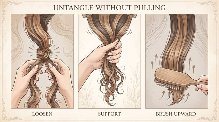 Illustrated guide showing how to loosen, support, and brush tangled hair extensions upward.