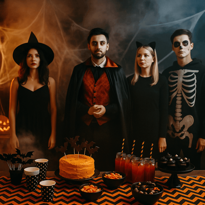 People standing awkwardly while dressed in costume at a mystery party.
