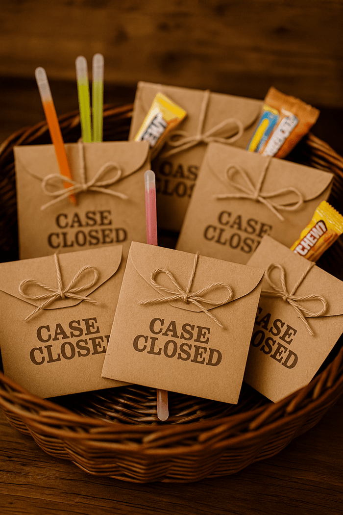 Cute murder mystery party favors - envelopes that say case closed with candy and glow sticks inside.
