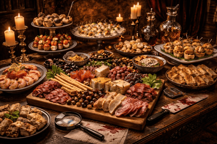 A murder mystery party buffet table with charcuterie boards, and other delectable appetizers.