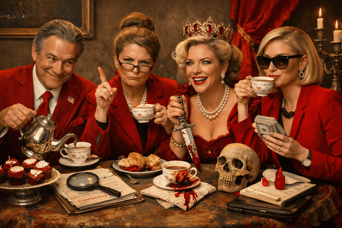 Four murder mystery party characters sitting at a murder mystery themed table. They are all in red costumes.