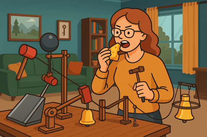 A woman eating cheese in front of a contraption that looks chaotic.
