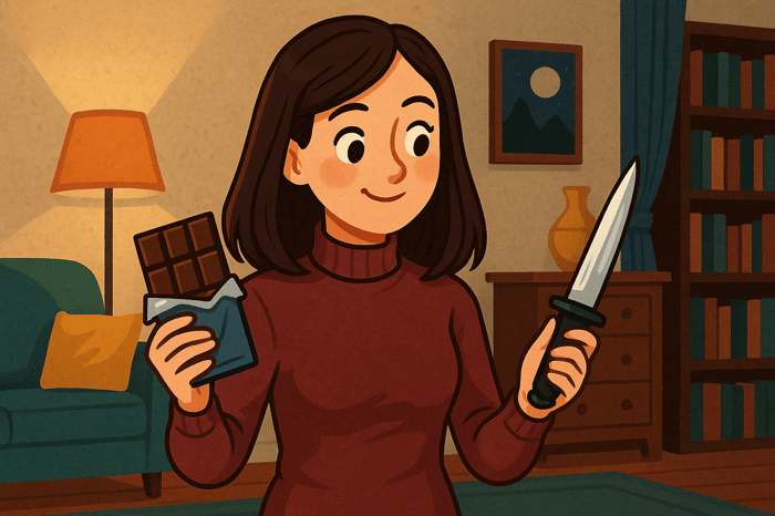 A woman holding chocolate and a dagger.