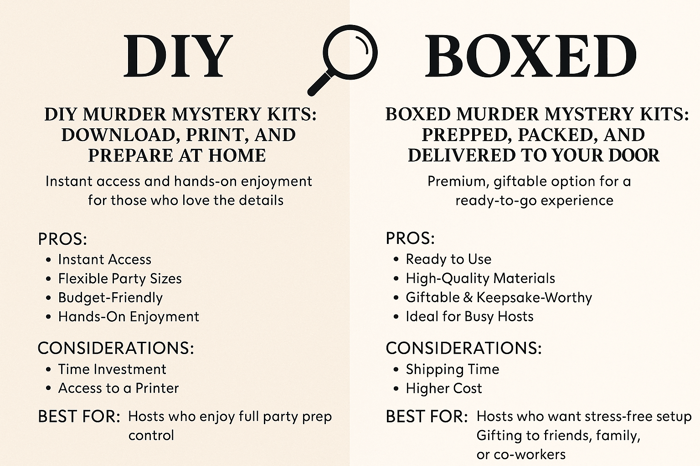 A comparison of a downloaded mystery party versus a boxed mystery party.