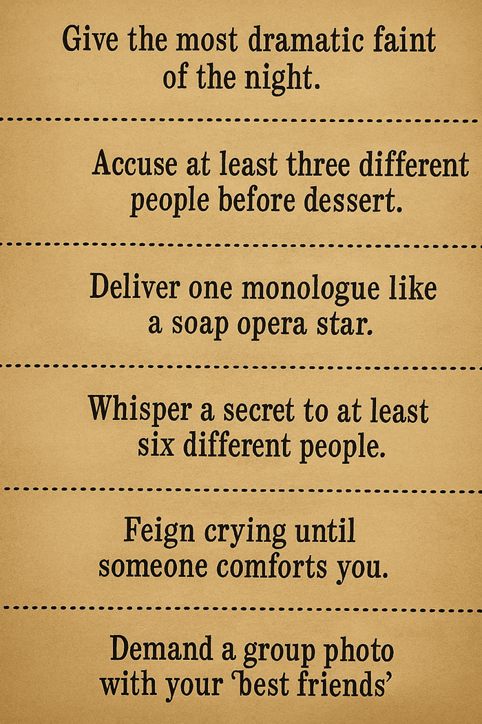 These are mini missions for a murder mystery party that you can cut out and give to players.