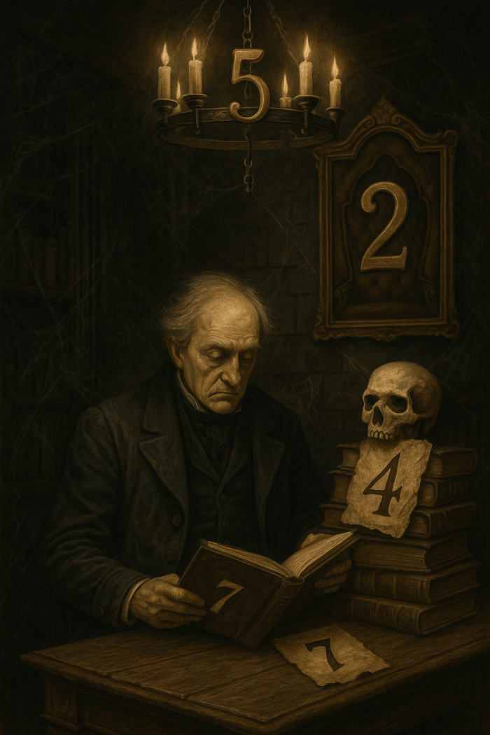 An older man reading a book at a desk. There are 5 numbers hidden in the image.