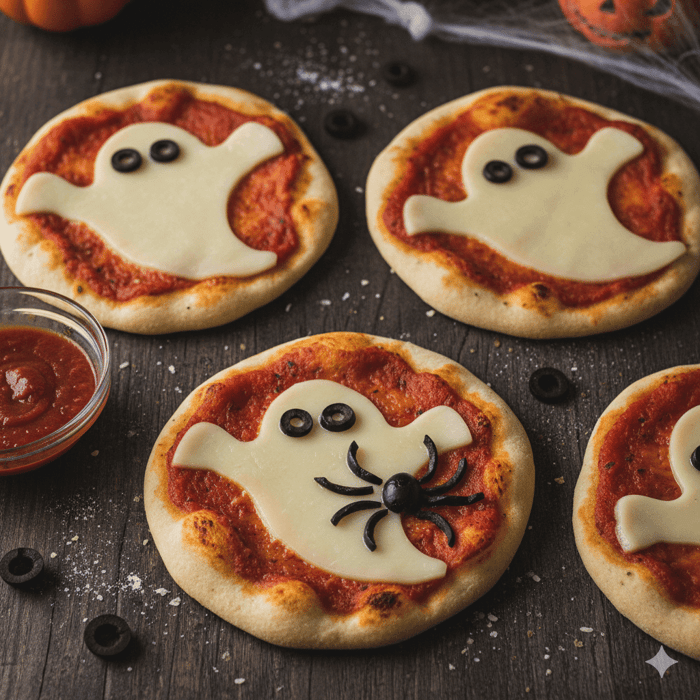 Ghost pizzas - using mozzarella cut out as ghosts, and olives for eyes.