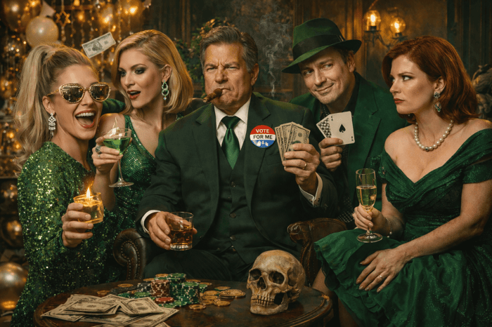 Murder mystery characters wearing green costumes