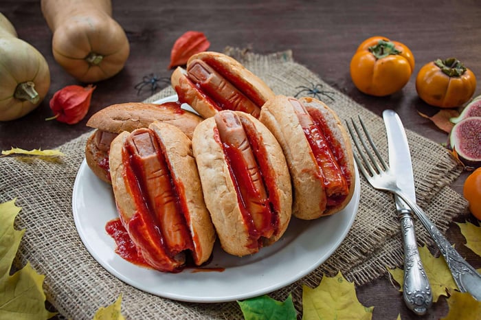 Hot dog fingers for your next Halloween mystery party.