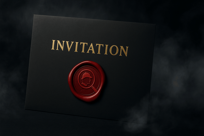 A black envelope with a red wax seal embossed with a mysterious image.