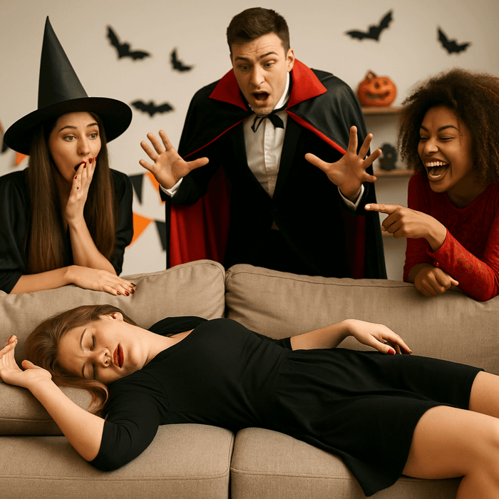 A mystery party player is dramatically asleep on the couch.