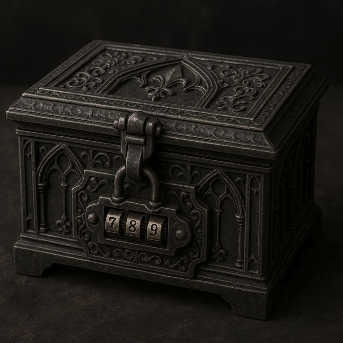A lock box, Gothic style, with a 3 code combination lock.