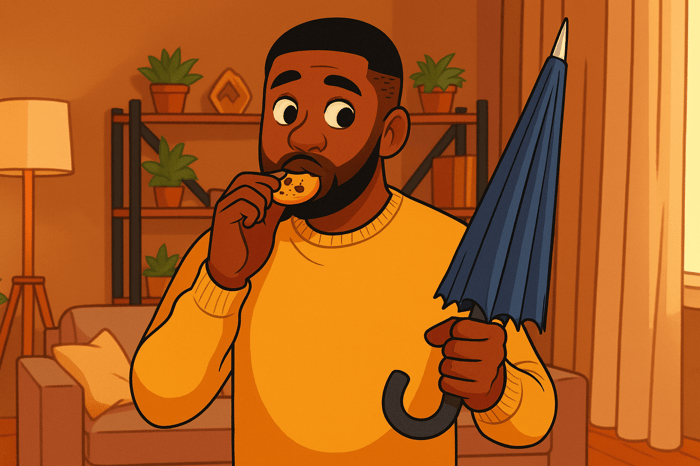 A man eating a cookie and holding a disguised umbrella sword,