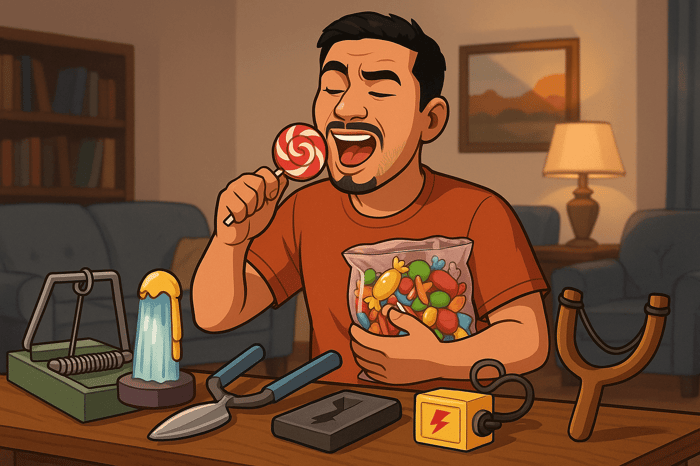 A man eating candy at a table in front of chaotic weapons