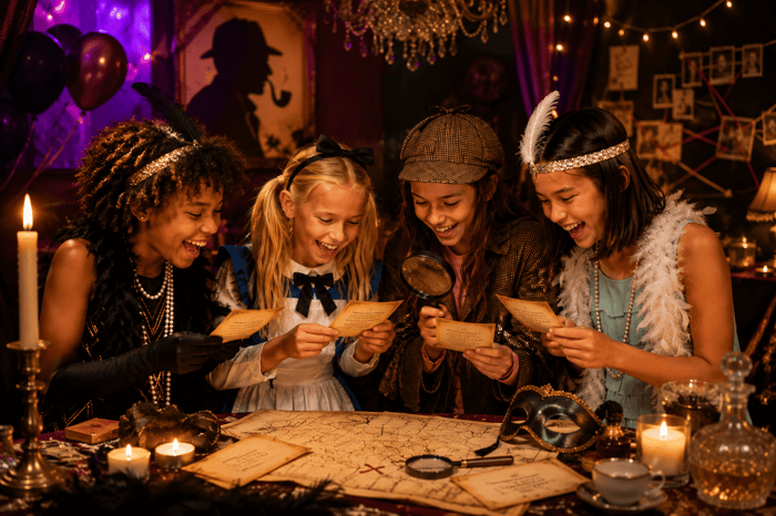 Murder mystery parties are a huge hit with younger generations. Here are four generation alpha kids paying a murder mystery party.