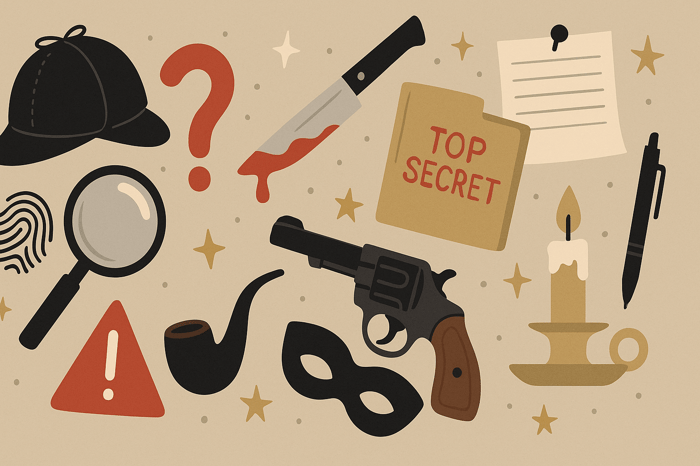 A bunch of murder mystery party game art.