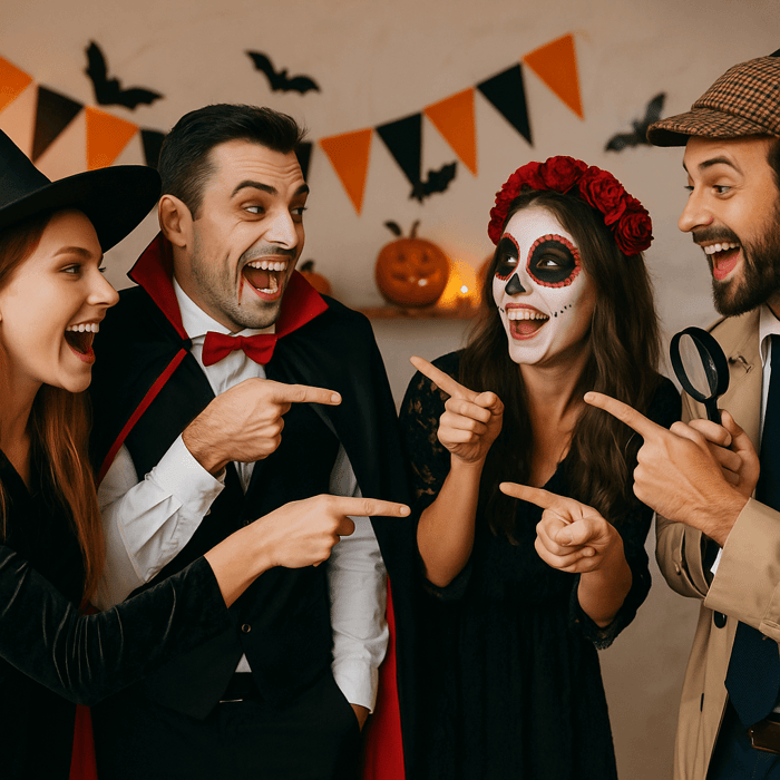 People in costume at a murder mystery party pointing at each other.
