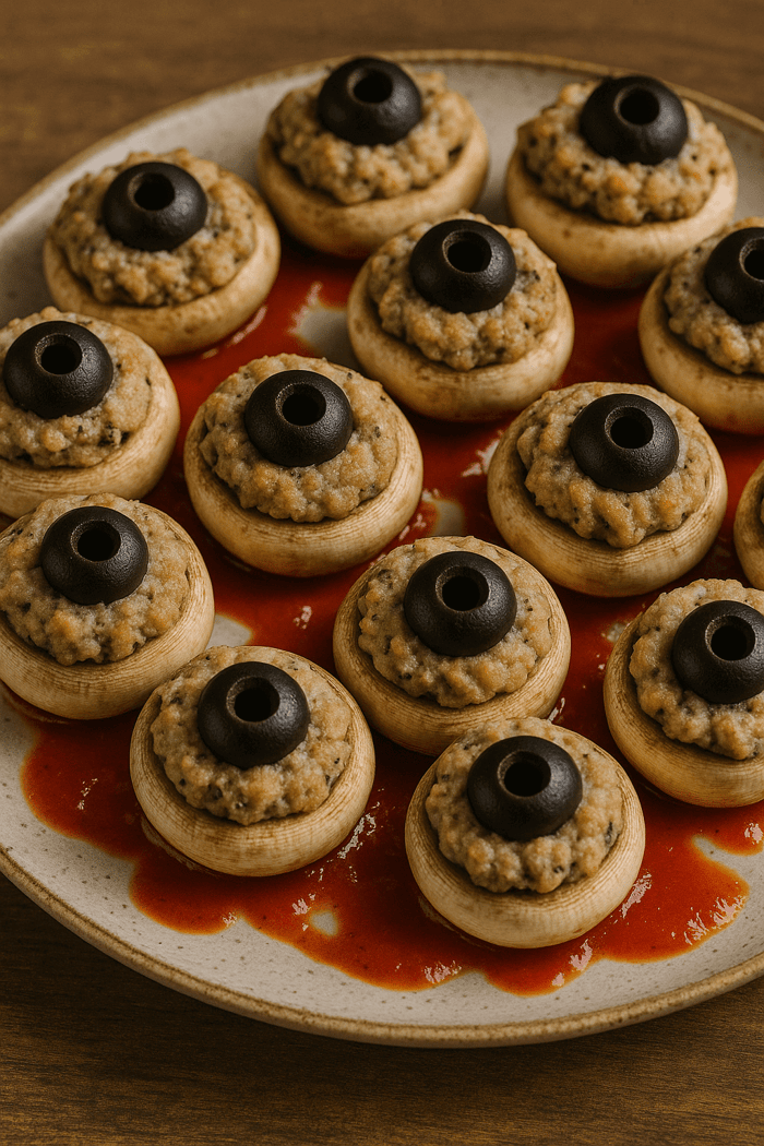 Murder mystery party dish - Mushrooms on a plate with stuffing and black olives as the iris.