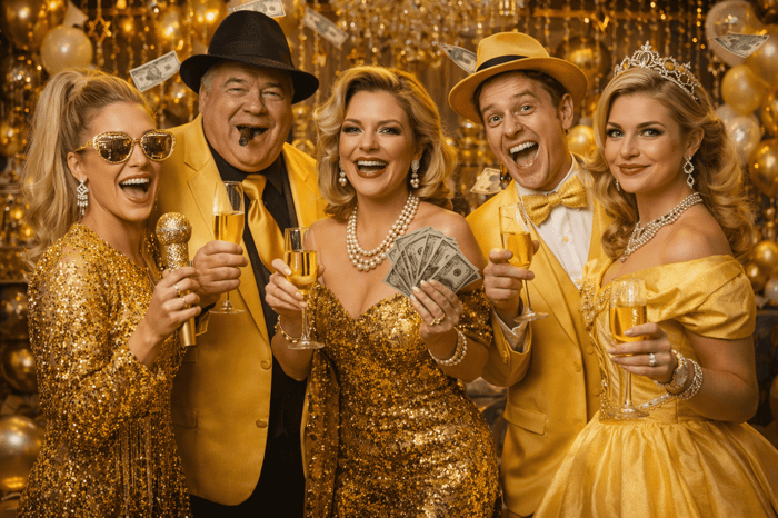 Murder mystery party game costumes in yellow and gold.