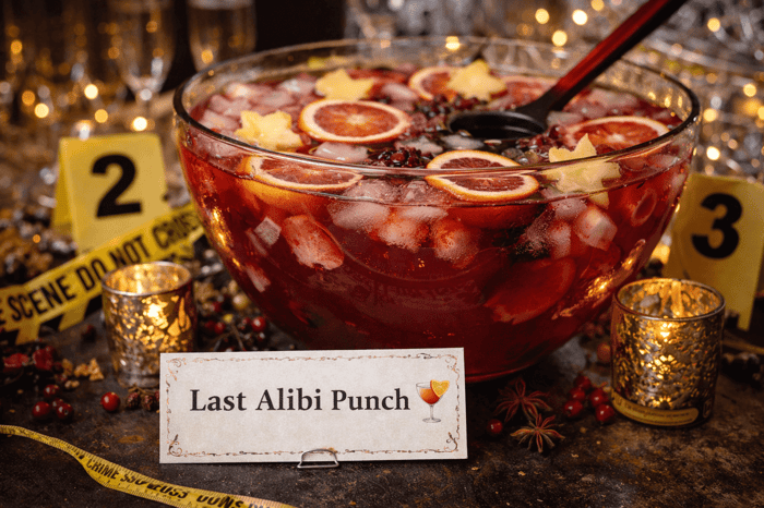 Festive punch bowl served at a New Year's Eve murder mystery party.