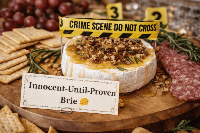A recipe for brie with honey and fig jam, walnuts. Displayed on a round Susan.