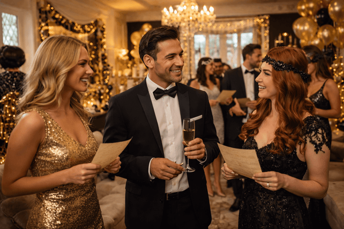 Party guests at a New Year's Eve party mingling and having fun at a murder mystery.