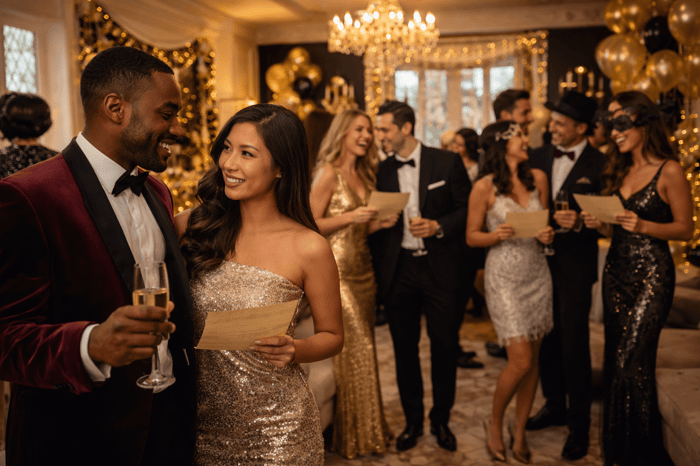 People at a New Year's Eve mystery party mingling and having fun.