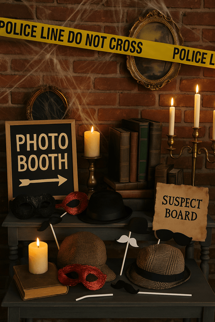 An eclectic set up for a mystery party photo booth.