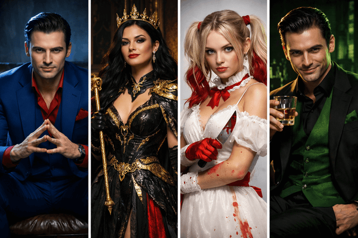 Four murder mystery party character roles.