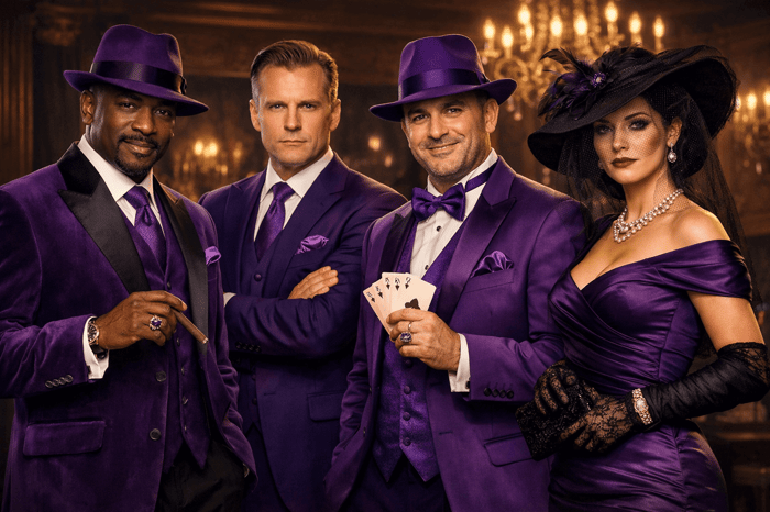 four people dressed in purple murder mystery party costumes