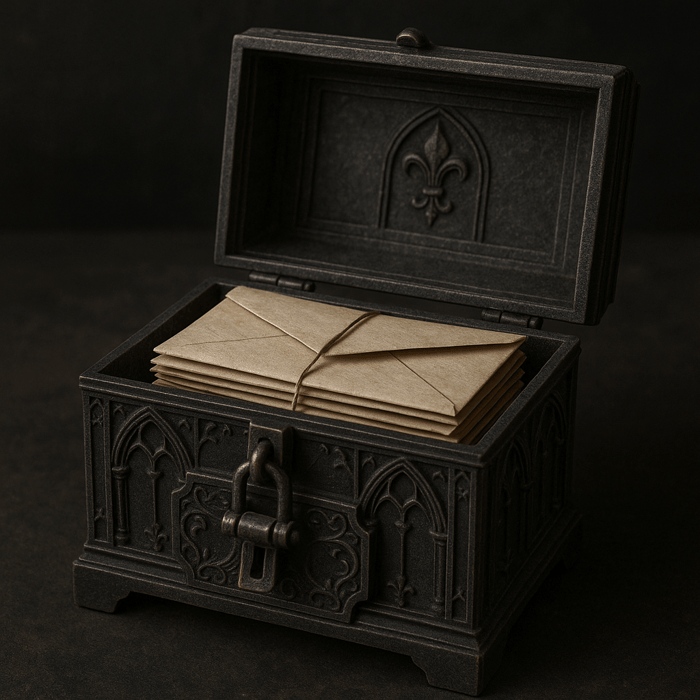 The lock box that is opened and revealing the murder mystery party round one envelopes.