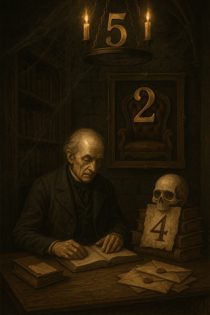 An older man reading a book at a desk. There are 3 numbers hidden in the image.