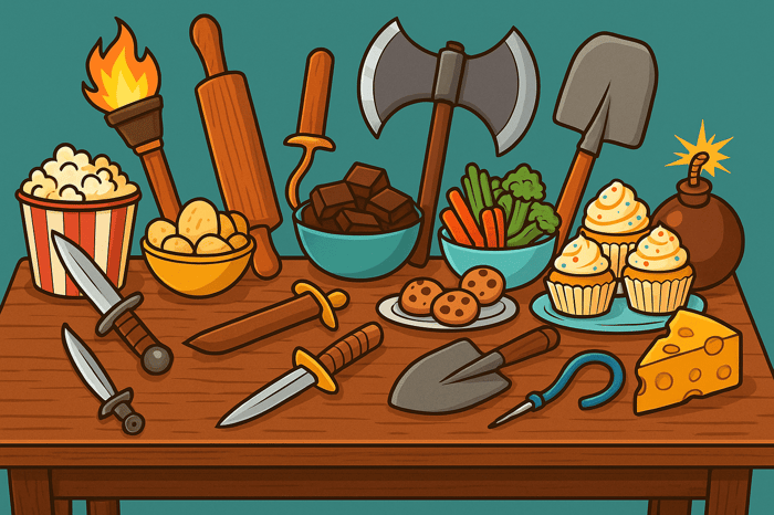 A table full of snacks and murder weapons.