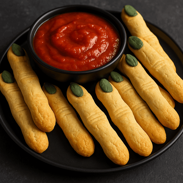 Witch finger breadsticks. Breadsticks with scores to make them look like fingers, served with marinara.