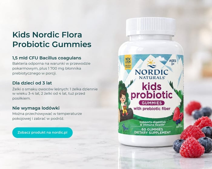 Kids Nordic Flora Probiotic Gummies Nordic Naturals: probiotyk dla dzieci od 3 lat w żelkach, 1,5 mld CFU Bacillus coagulans i 1 700 mg błonnika prebiotycznego w porcji