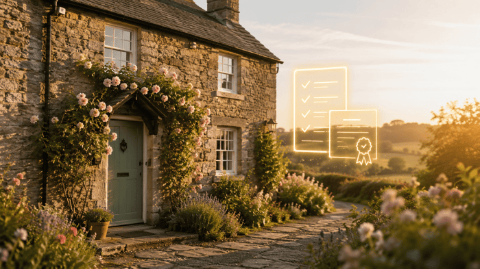 English holiday cottage with digital compliance checklist overlay representing the short-term let registration scheme