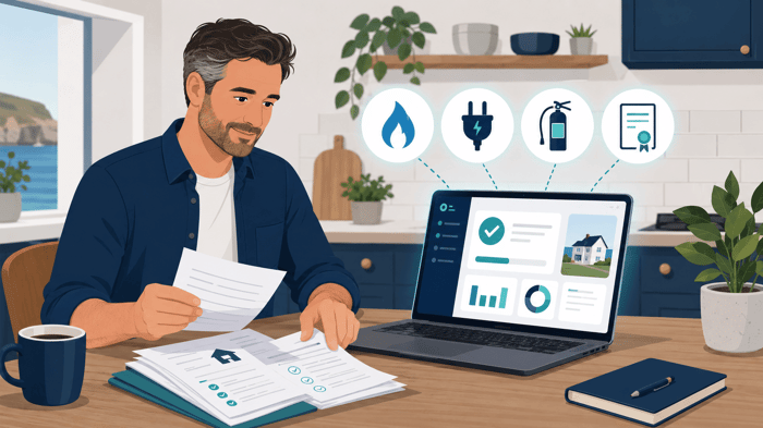 Holiday let owner organising gas, electrical and fire safety certificates into a digital compliance dashboard before registration