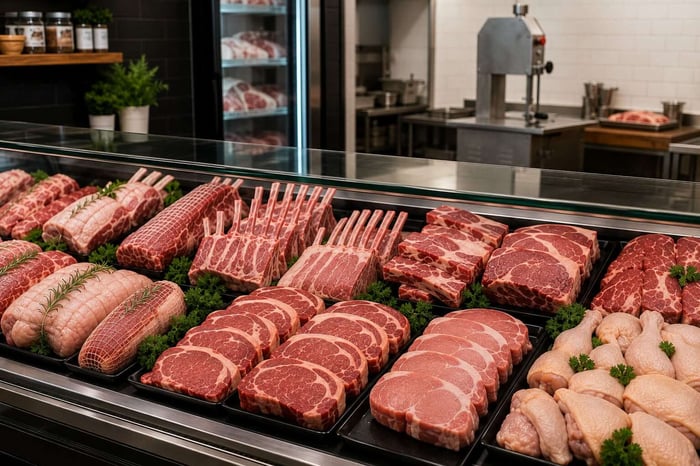 A display counter of beef, chicken, lamb and pork.