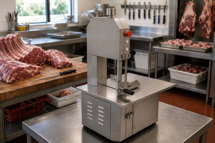 A table top electric bone saw machine in a butchers.