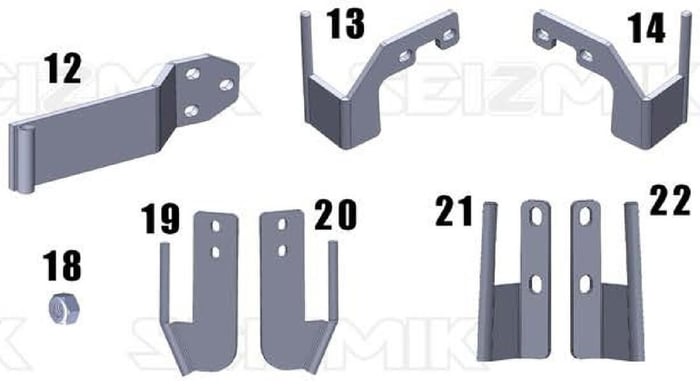 Hinge plates and hinge mounts including the front door brackets 19 to 22