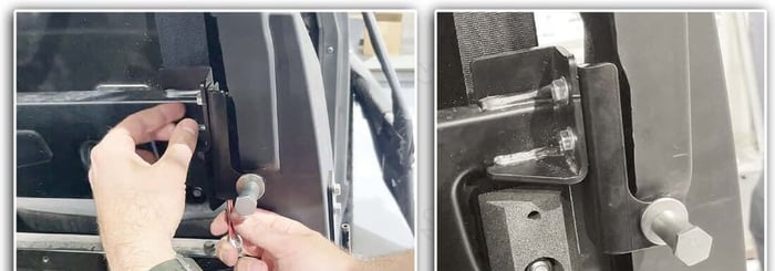 Rear door striker bolt installed behind the front seat