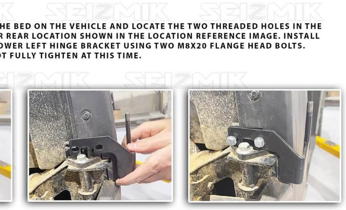 Rear lower hinge bracket bolted under the cargo bed