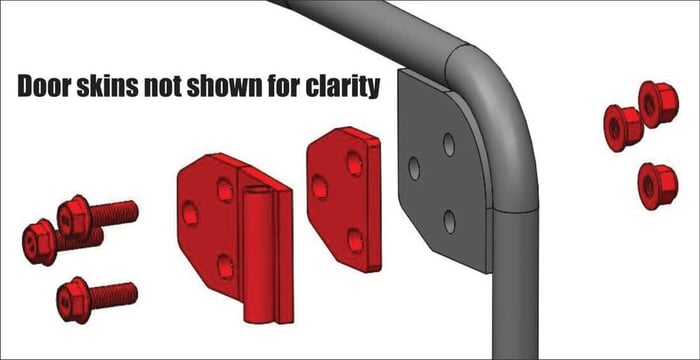Upper hinge and spacer bolted to the door frame, skins hidden for clarity