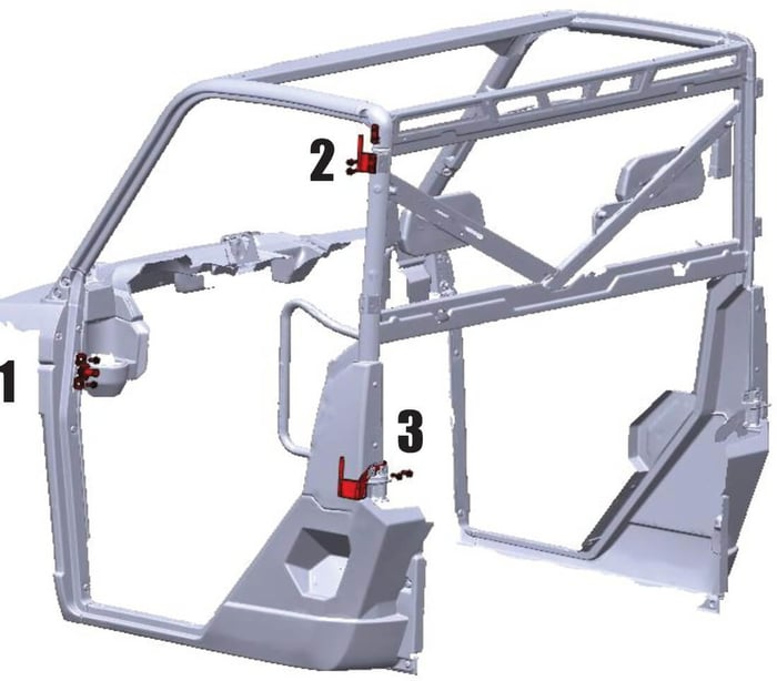 Location reference showing striker bolt, upper hinge and lower hinge positions on the cage