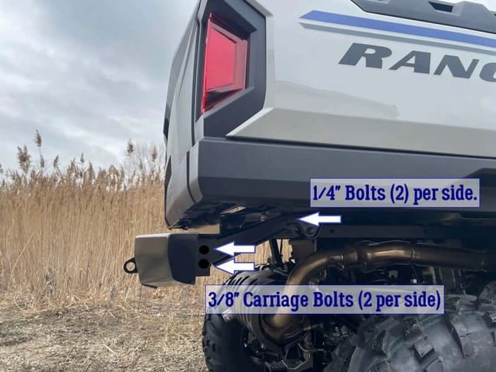 Bracket bolt locations on a Ranger SP 570, 3/8 inch at the bumper and 1/4 inch at the frame