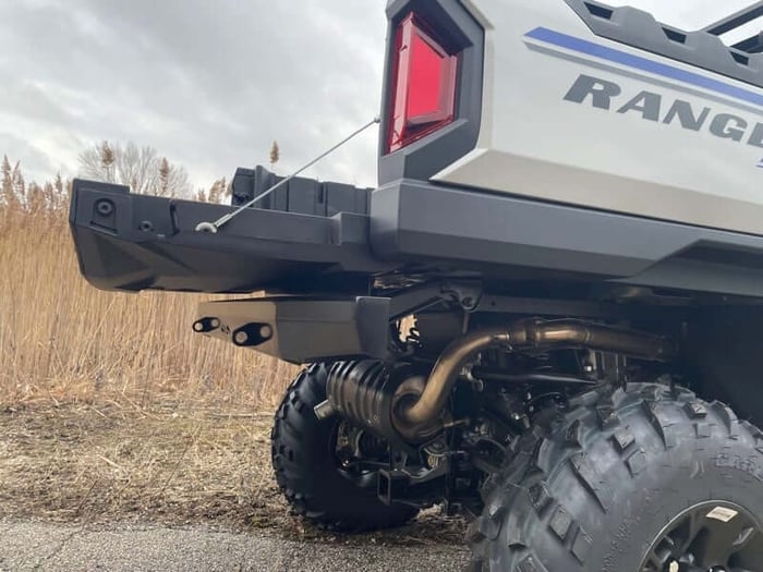 Detail of the EMP 14711 bumper mounted on a Polaris Ranger SP 570