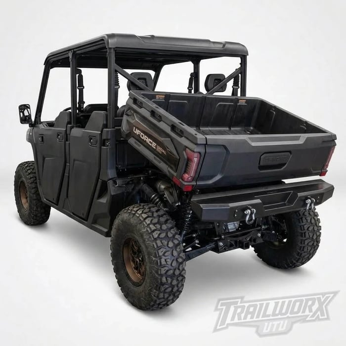 CFMOTO UForce U10 rear view with cargo bed tilted up, exposing the underside bracket mounting area